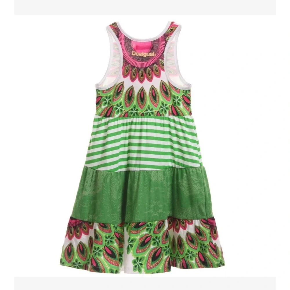 Desigual Girls Cotton Dress with Green and Pink Patterns 11/12